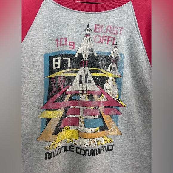 Junk Food Blast Off Missile Command Retro Raglan Sweatshirt Gray Red M Gamer - Picture 3 of 6